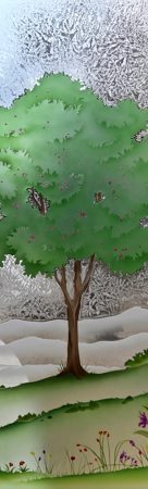 Door Glass Insert showcasing a Frosted Glass Tree Design with Sandblast Etched Glass Art by Sans Soucie Seasons Spring Design