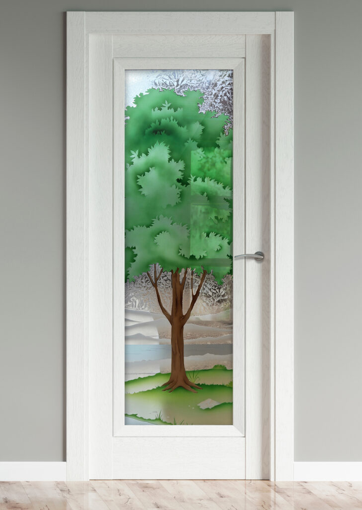 Tree-inspired affordable entry door with a stained glass look