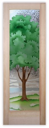 Interior Door featuring a Frosted Glass Tree Design Sandblast Etched Glass Seasons Summer Design by Sans Soucie
