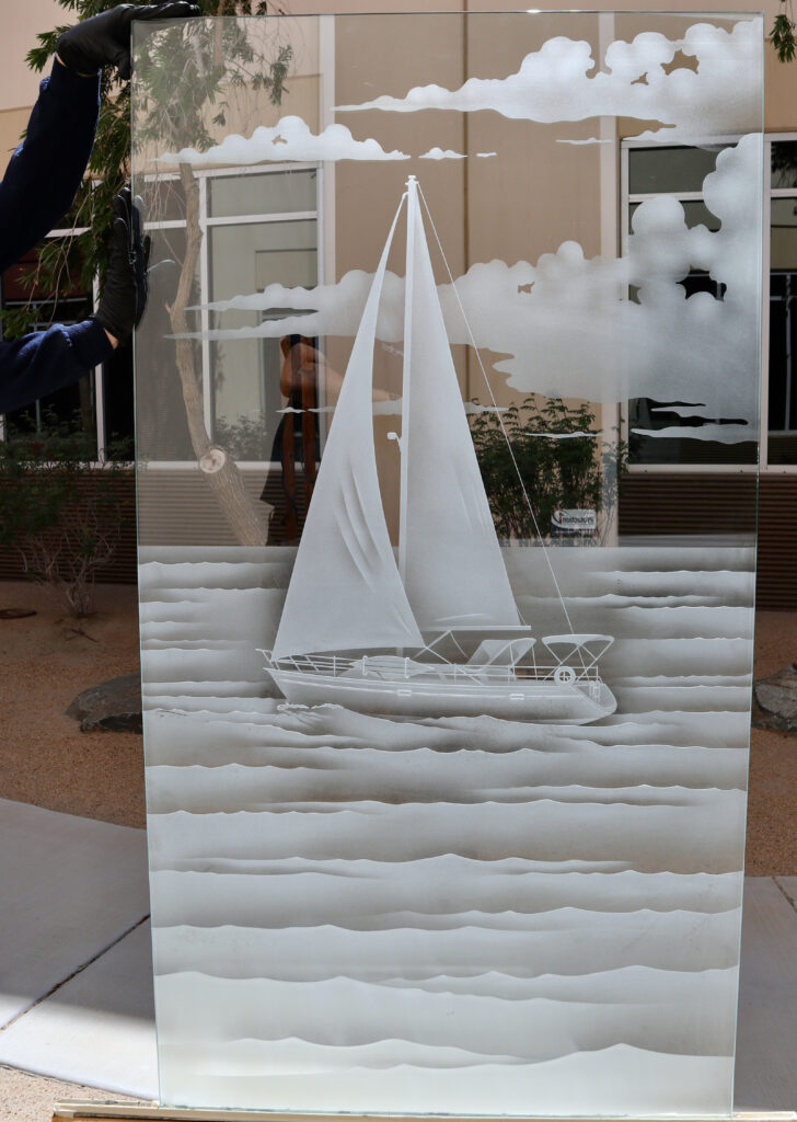 frosted glass shower door sans soucie art glass design sailboat setting sail