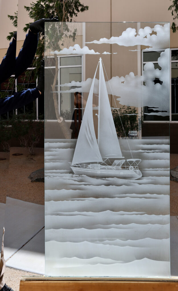 Ocean-inspired glass wall partition for coastal commercial spaces