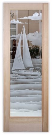 Interior Door featuring a Frosted Glass Oceanic Design Sandblast Etched Glass Setting Sail Design by Sans Soucie