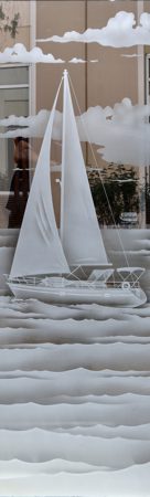 Door Glass Insert featuring a Frosted Glass Oceanic Design Sandblast Etched Glass Setting Sail Design by Sans Soucie