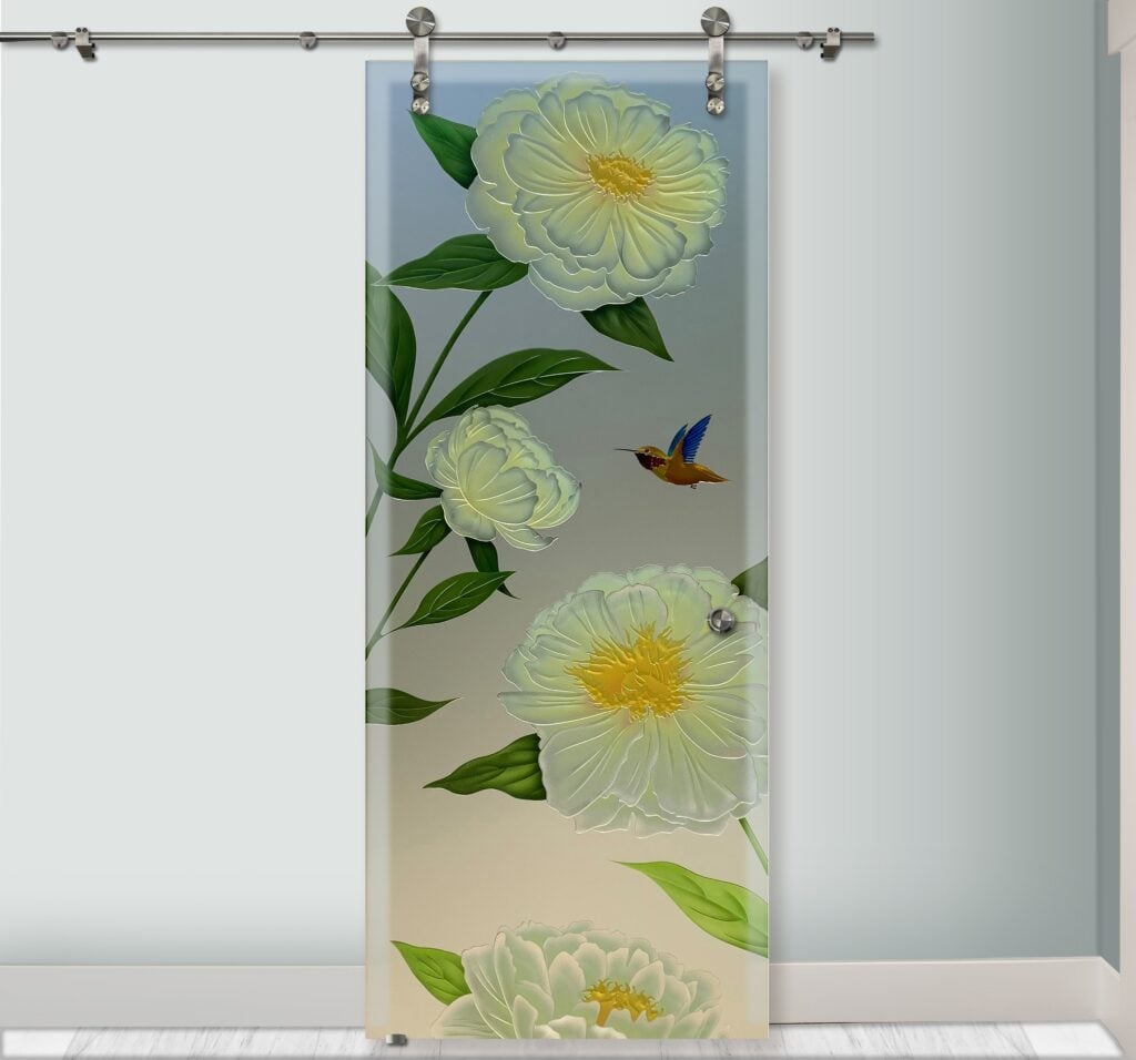 Peonies 3DE painted private frosted glass barn door sliding glass barn door Sans Soucie