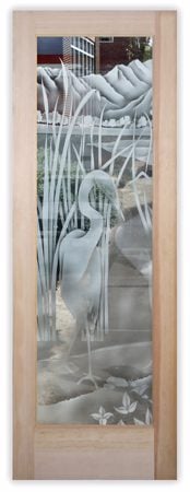Interior Door featuring a Frosted Glass Wildlife Design Sandblast Etched Glass Shy Egret Design by Sans Soucie