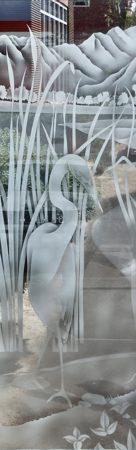 Door Glass Insert featuring a Frosted Glass Wildlife Design Sandblast Etched Glass Shy Egret Design by Sans Soucie
