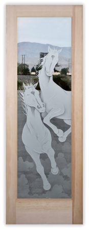 Interior Door featuring Frosted Glass Design Etched Glass by Sans Soucie Art Glass with Custom Western Design Stallions