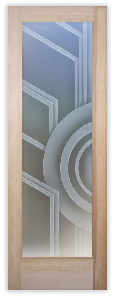 Front door with custom decorative frosted glass featuring abstract geometric and textured patterns for privacy and style