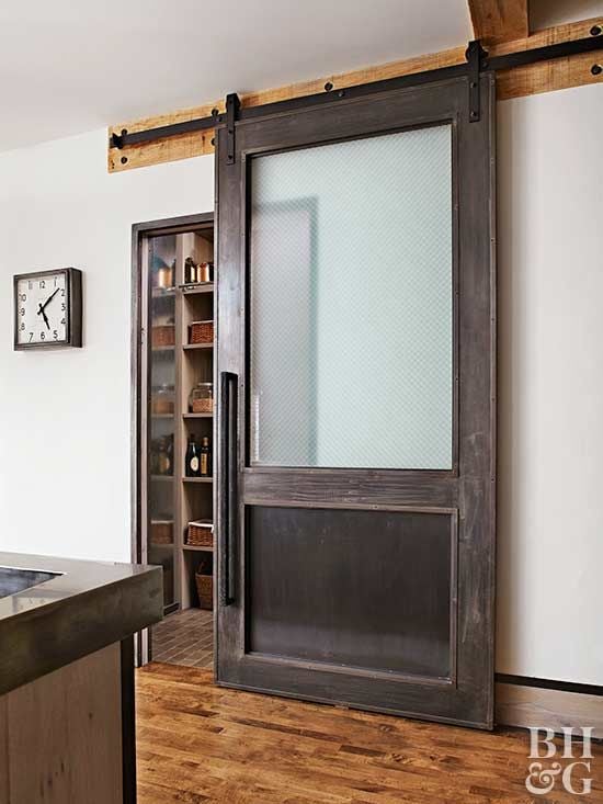 Farmhouse Rustic Design Style Sliding Pantry Door with Glass Barn Doors
