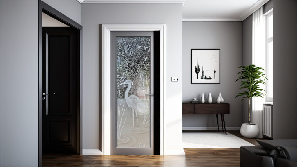 Standing Egret Semi-Private 3D Enhanced Gluechip Glass Pantry Door Sans Soucie