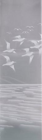 Door Glass Insert showcasing a Frosted Glass Oceanic Design with Sandblast Etched Glass Art by Sans Soucie Swallows Design