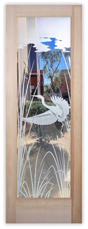 Interior Door showcasing a Frosted Glass Wildlife Design with Sandblast Etched Glass Art by Sans Soucie Swooping Egret Design