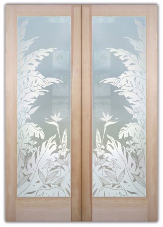 Bathroom Door with a sandblast Frosted Glass Tropical Design Custom-Designed Decorative Etched Glass