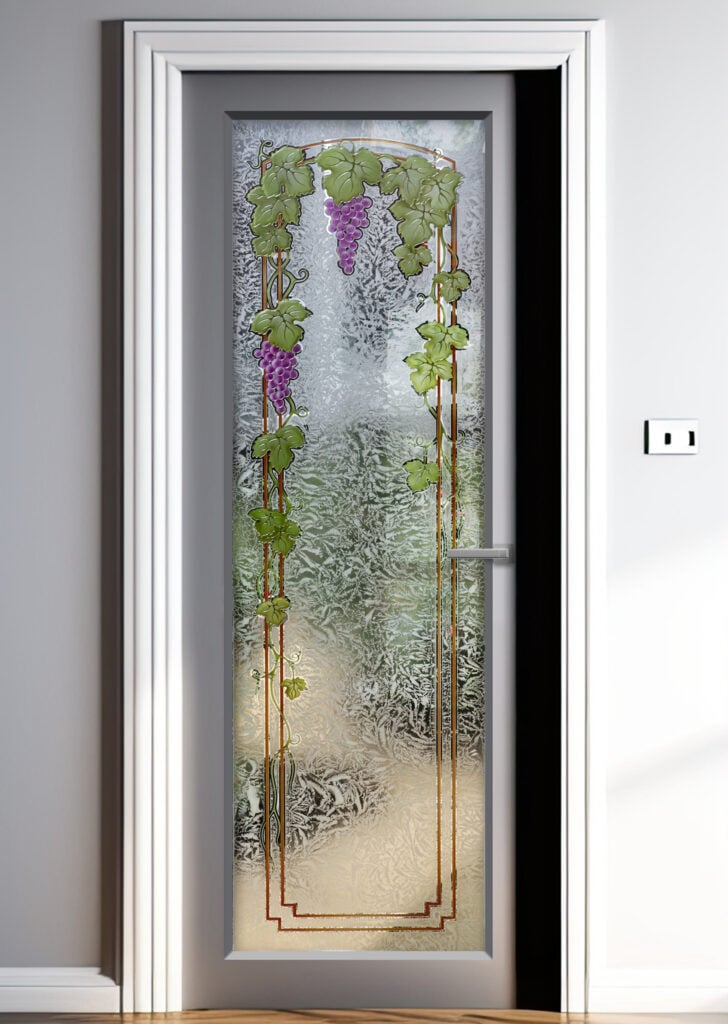 Vineyard Grapes Trellis Semi-Private 3D Enhanced Painted Gluechip Glass Doors Interior Exterior Entry Door Sans Soucie