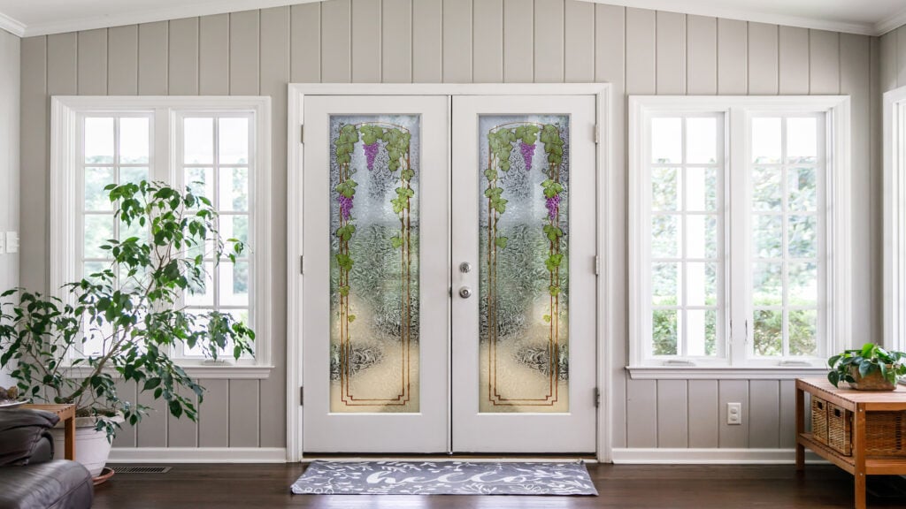 Vineyard Grapes Trellis Semi-Private 3D Enhanced Painted Gluechip Interior Double Doors Textured Glass Frames Door