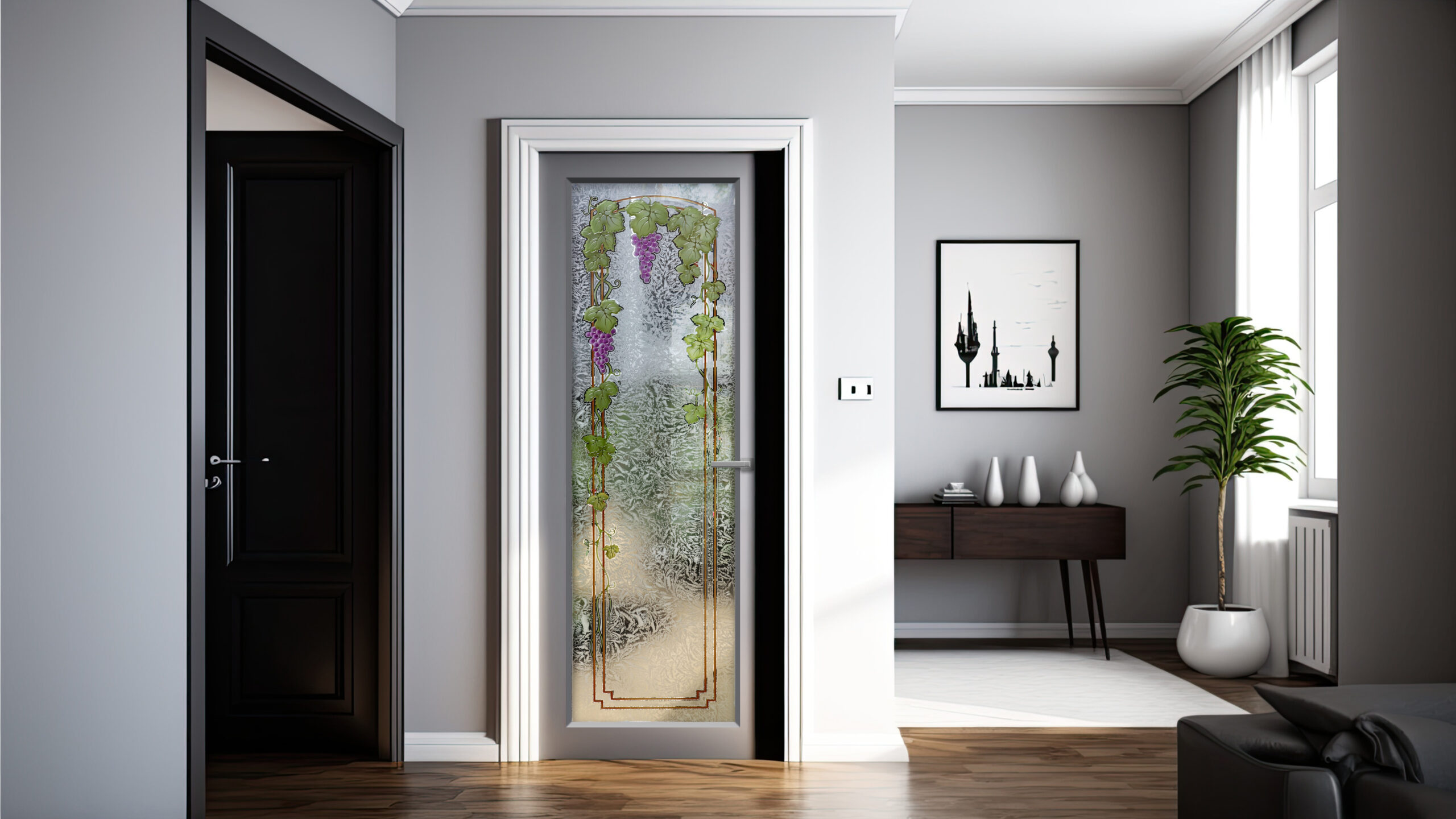 Frosted Glass Pantry Doors Vineyard Grapes Trellis Semi-Private 3D Enhanced Painted Gluechip Interior Door Textured Glass Frames Door Tuscan Decor Sans Soucie