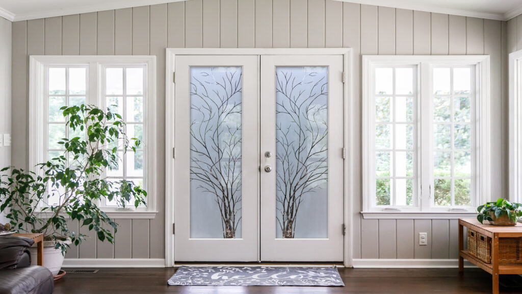 interior glass door double doors with wispy tree 1D negative FROSTED glass door PAIR French doors