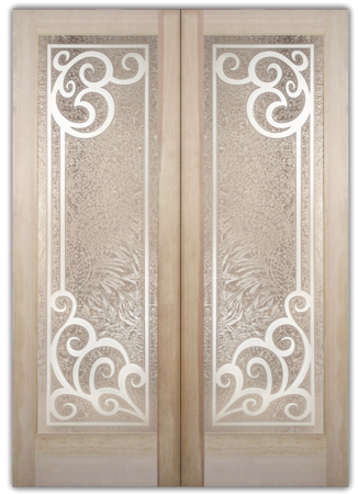 Interior Door featuring Frosted Glass Design Etched Glass by Sans Soucie Art Glass with Custom Wrought Iron Design Concorde