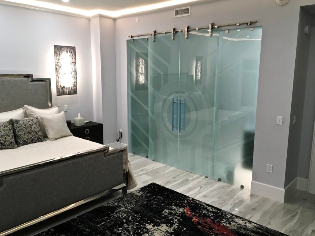 Sun Odyssey XI Private 3D Enhanced Frosted Glass Barn Door Geometric Modern Design Style Frameless Glass Barn Door Sans Soucie