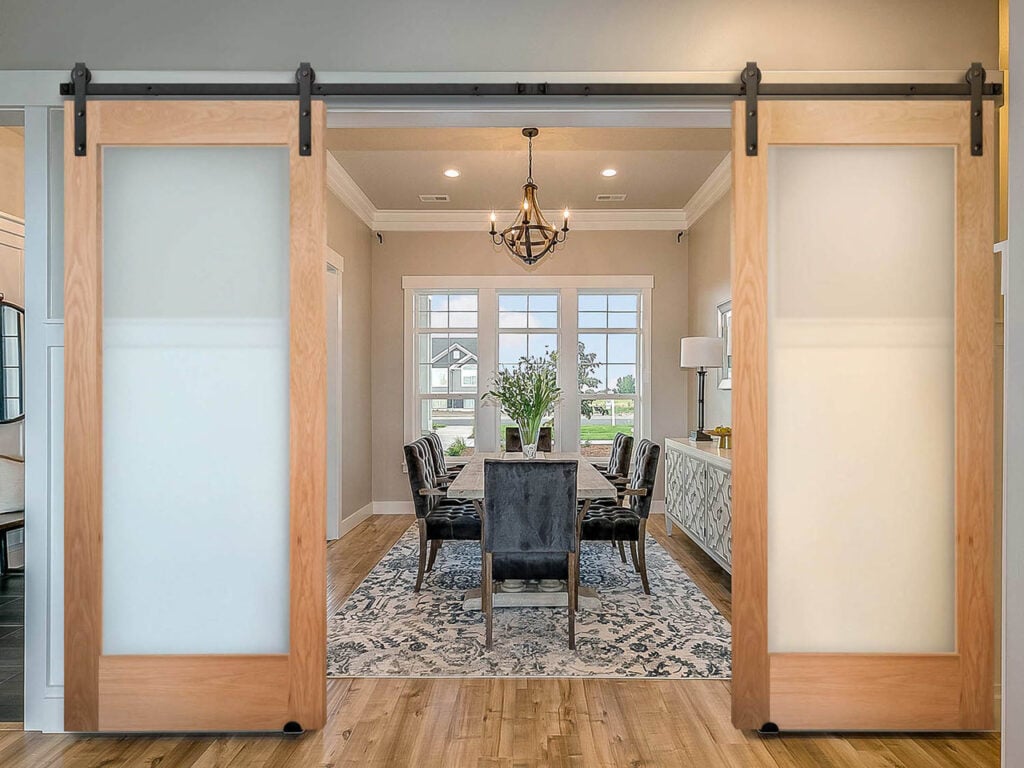 Modern Single Panel Sliding Glass Barn Door Wood Frame Traditional Style Frosted Glass Barn Door