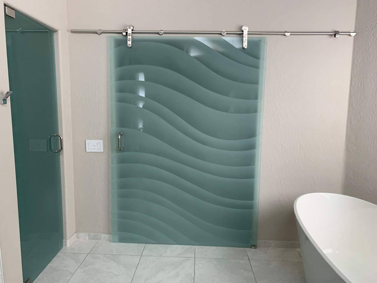 Dreamy Waves Private 3D Enhanced Frosted Glass Barn Door Sliding Glass Barn Door Coastal Style Wave Design Sans Soucie