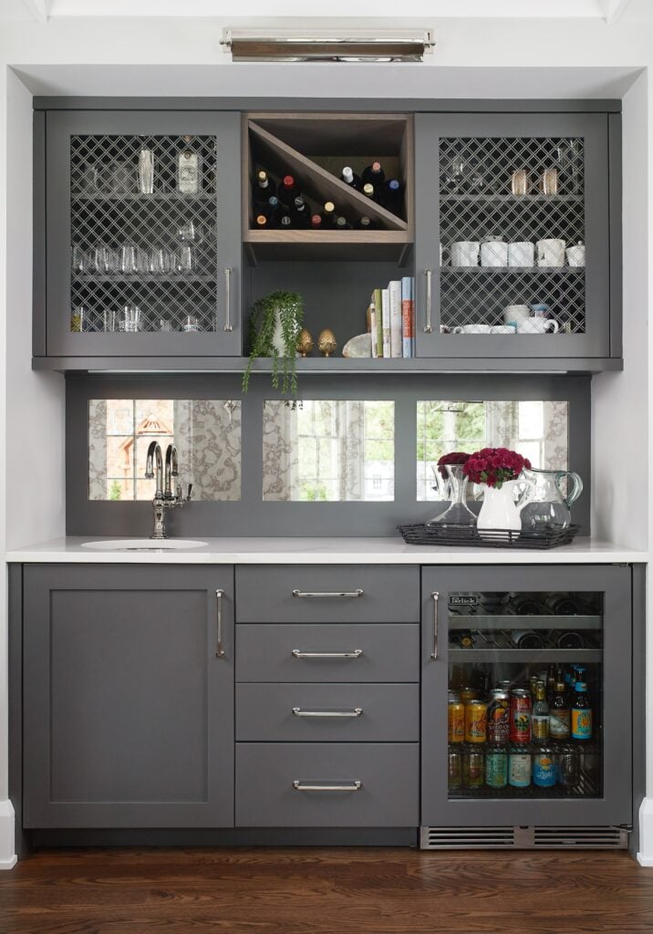 Grey cabinets with mirror backsplash contemporary design style butler pantry 