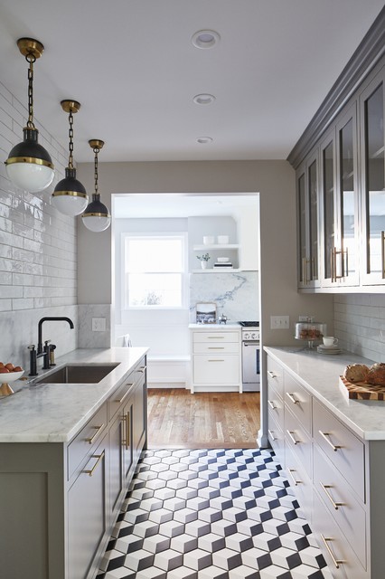 black and white honeycomb 3D square tile pattern for butler pantry traditional design style