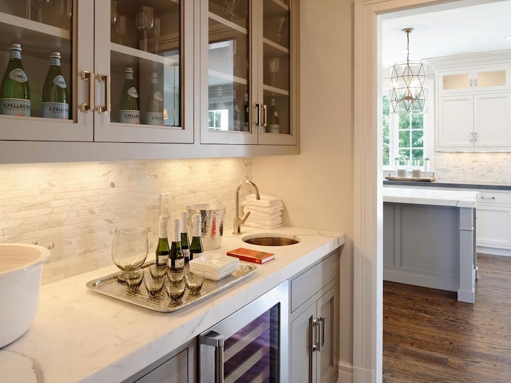 small butlers pantry traditional design style with sink cooler upper cabinets with glass doors