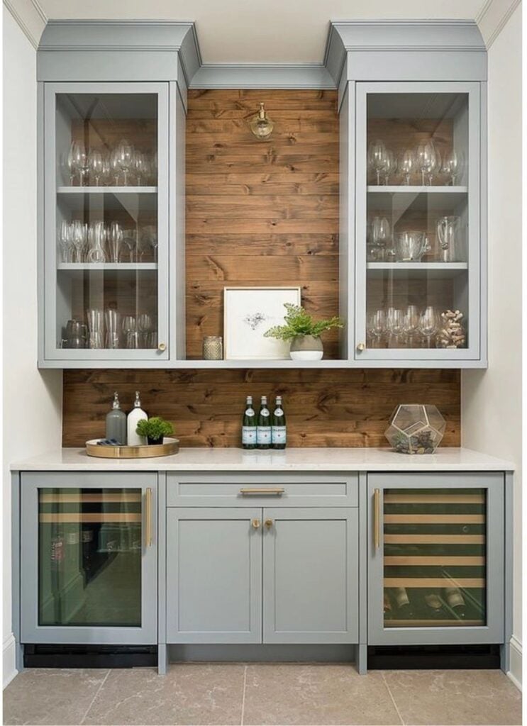 butlers pantry with wine cooler and coffee station upper cabinets with glass cabinet doors traditional design style 