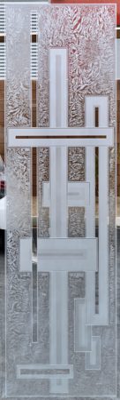 Door Glass Insert showcasing a Frosted Glass Geometric Design with Sandblast Etched Glass Art by Sans Soucie Stacked Bands Design