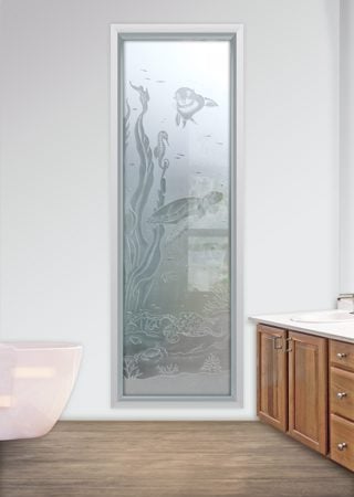 Window with a Frosted Glass Aquarium Sea Life Wildlife Design for Semi-Private by Sans Soucie Art Glass