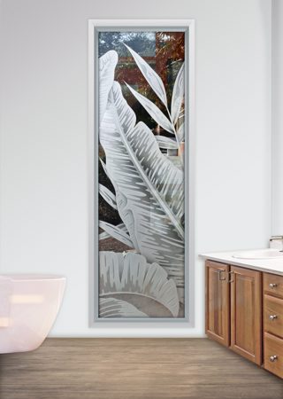 Window with a sandblast Frosted Glass Tropical Design Custom-Designed Decorative Etched Glass