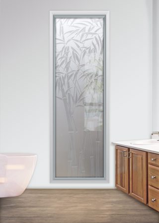 Window showcasing a Frosted Glass Asian Design with Sandblast Etched Glass Art by Sans Soucie Bamboo Shoots III Design