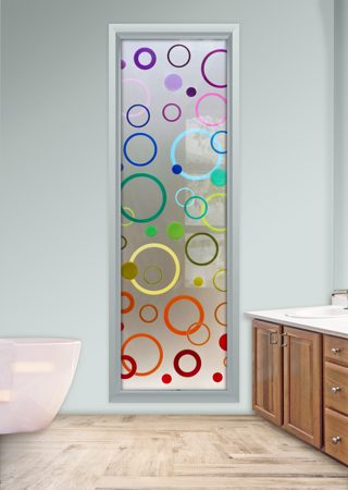 Window showcasing a Frosted Glass Geometric Design with Sandblast Etched Glass Art by Sans Soucie Circularity Design
