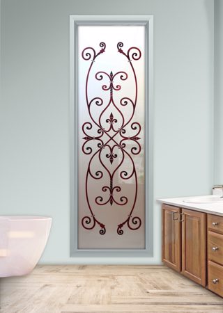 Window showcasing a Frosted Glass Wrought Iron Design with Sandblast Etched Glass Art by Sans Soucie Corazones Burgundy Design