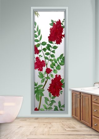 Window featuring a Frosted Glass Floral Design Sandblast Etched Glass Crepe Mertyl Design by Sans Soucie