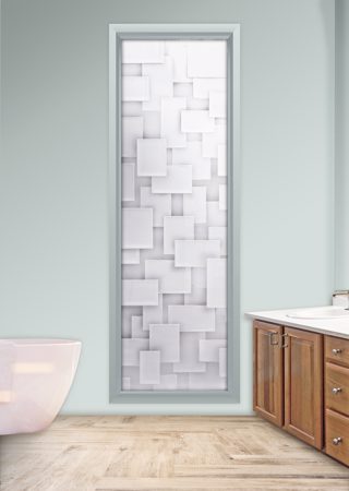 Window showcasing a Frosted Glass Geometric Design with Sandblast Etched Glass Art by Sans Soucie Cubes Tall Design