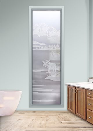 Window featuring a Frosted Glass Wildlife Design Sandblast Etched Glass Denali Moose Design by Sans Soucie
