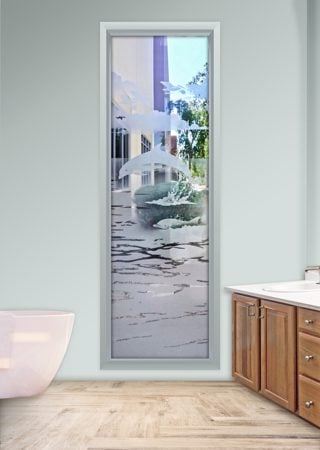 Window featuring Frosted Glass Design Etched Glass by Sans Soucie Art Glass with Custom Oceanic Design Dolphins in the Shimmer