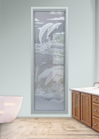 Window with a Frosted Glass Dolphins Leaping & Sea Turtle Oceanic Design for Private by Sans Soucie Art Glass