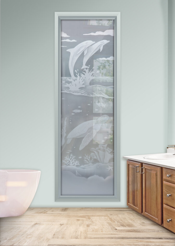 Bathroom windows frosted glass featuring dolphins leaping and sea turtle designs
