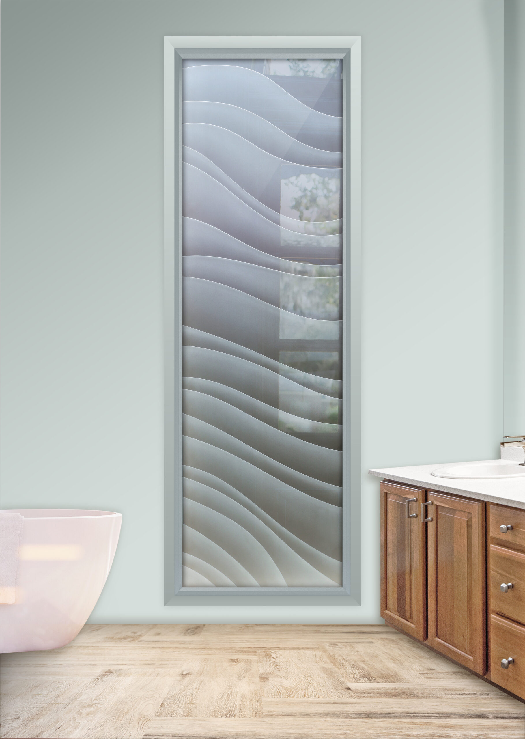 Contemporary bathroom with large frosted glass window etched and painted with wave pattern design for privacy.