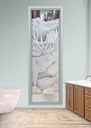 Window featuring Frosted Glass Design Etched Glass by Sans Soucie Art Glass with Custom Wildlife Design Elk