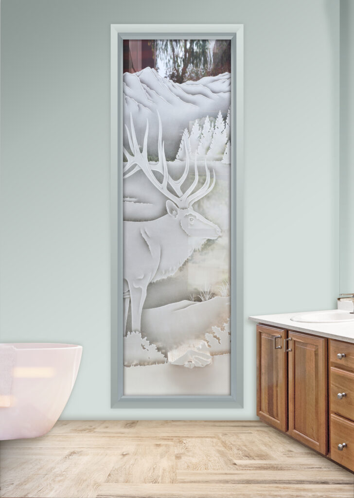 3D carved etched glass wildlife scene window featuring elk in mountain setting, highly detailed sculpted glass for privacy and natural light