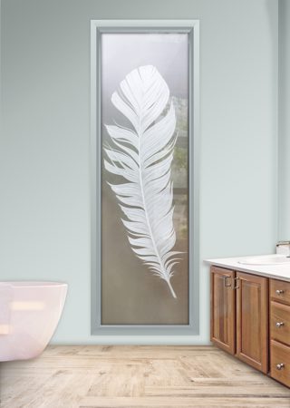 Window featuring a Frosted Glass Foliage Design Sandblast Etched Glass Feather Design by Sans Soucie