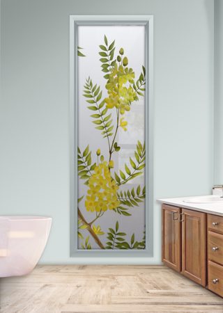 Window featuring Frosted Glass Design Etched Glass by Sans Soucie Art Glass with Custom Floral Design Gold Medallion