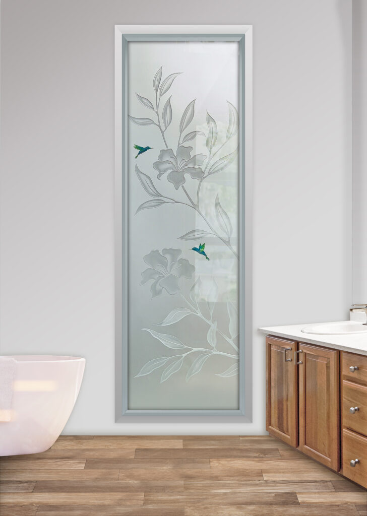 Private frosted glass window with 3D carved and painted Hibiscus Hummingbirds