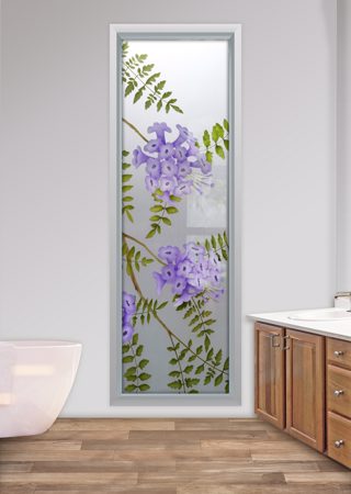 Window featuring Frosted Glass Design Etched Glass by Sans Soucie Art Glass with Custom Floral Design Jacaranda