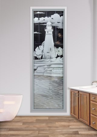 Window with Frosted Glass Oceanic Marblehead Lighthouse Design by Sans Soucie