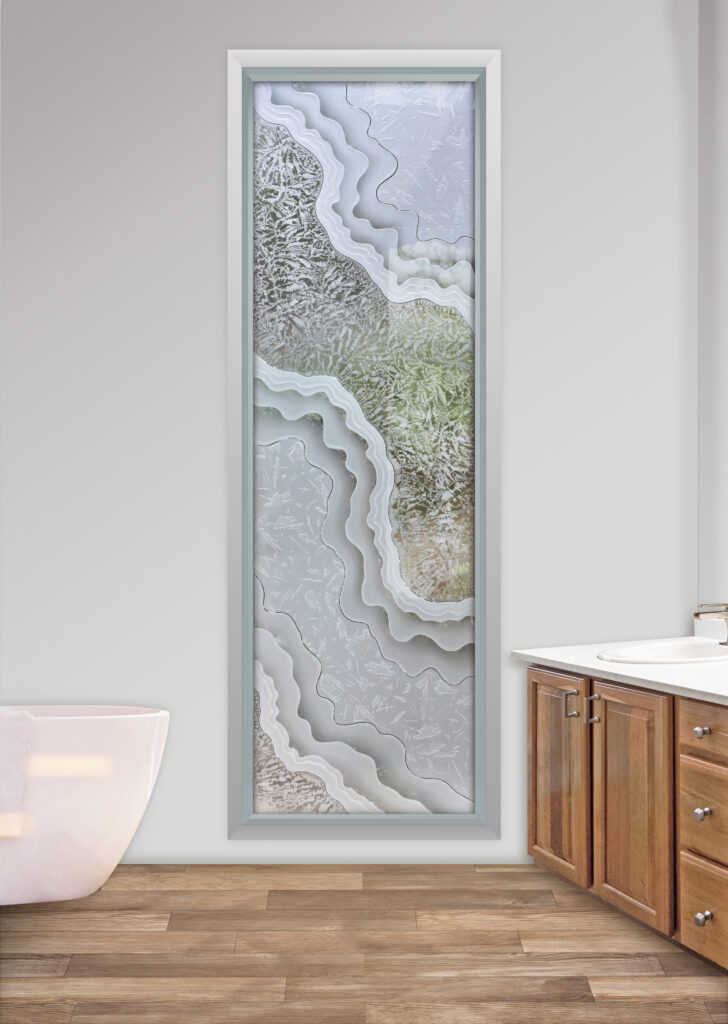 Bathroom window with frosted and gluechip glass design